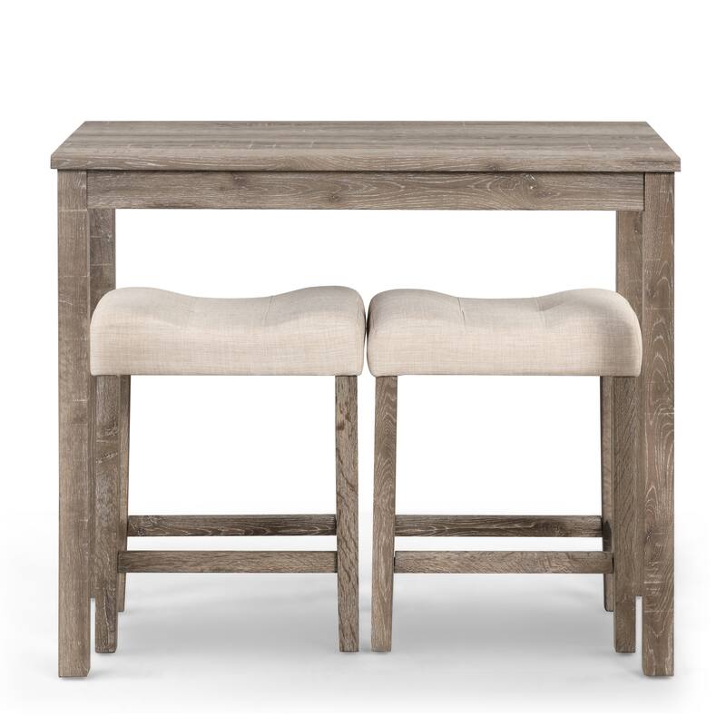 Taupe Button Tufted Saddle Stools with Footrests, Rectangular Side Table with Wooden Legs, Rustic Dining Table and Chair Set - Taupe
