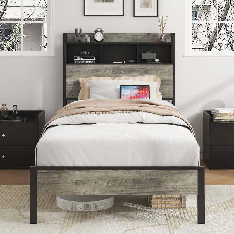 Single Bed Frame with Storage Headboard and Charging Station - Antique Gray - Twin