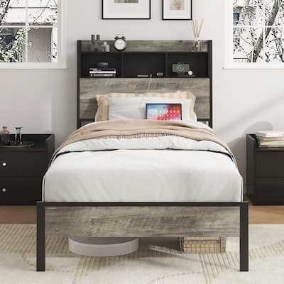Single Bed Frame with Storage Headboard and Charging Station