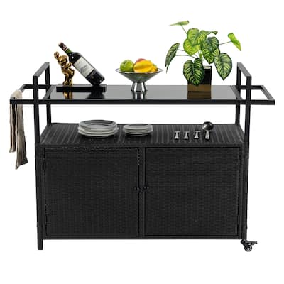 Outdoor Wicker Bar cart, Patio Wine Serving cart w/Wheels, Rolling Rattan Beverage Bar Counter Table w/Glass Top