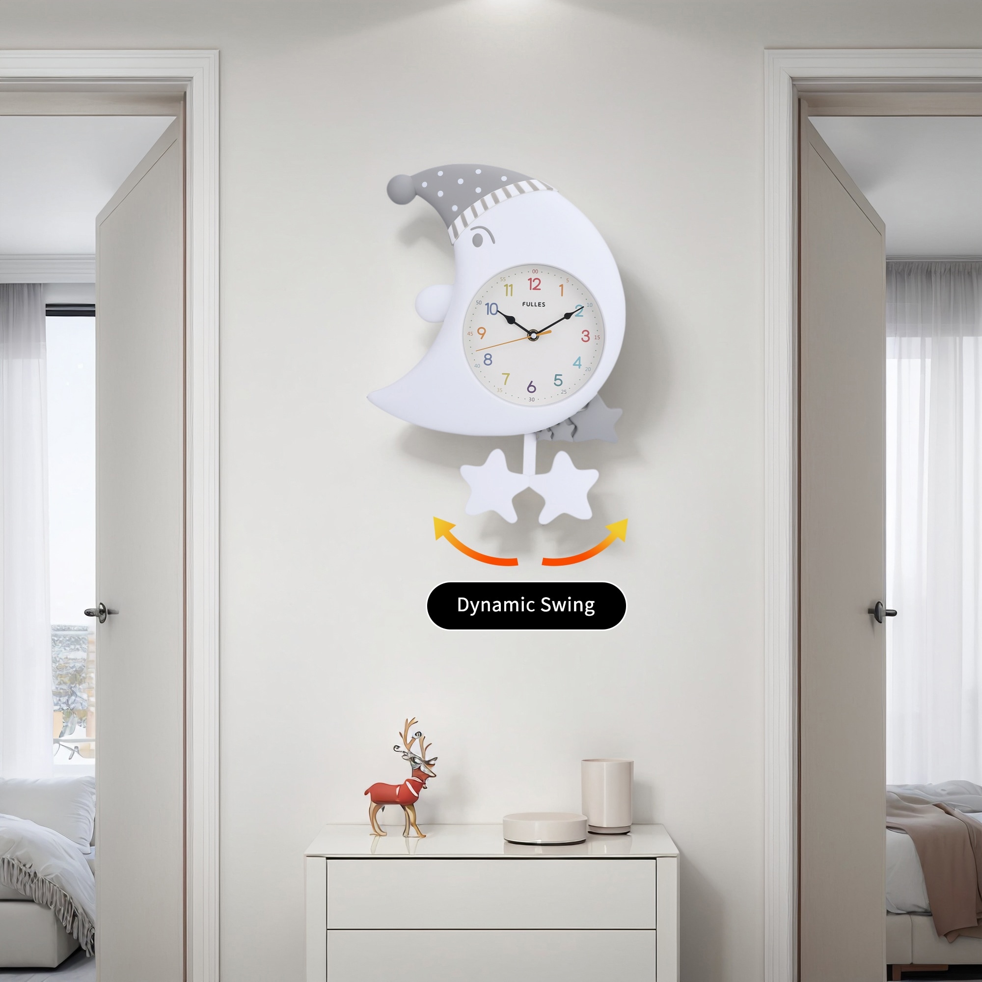 Cute Cartoon Moon Wall Clock with Star Decor, Silent Non-Ticking for Office Bedroom Living Room - 18 x 12 x 2.4 inch