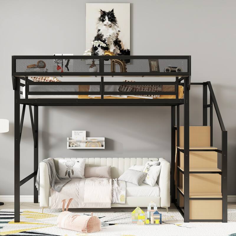 Metal Loft Bed with Storage Stairs Upper Storage Shelves and Wardrobe, Metal Structure Bed Optional Desk Charging Station - Black - Queen