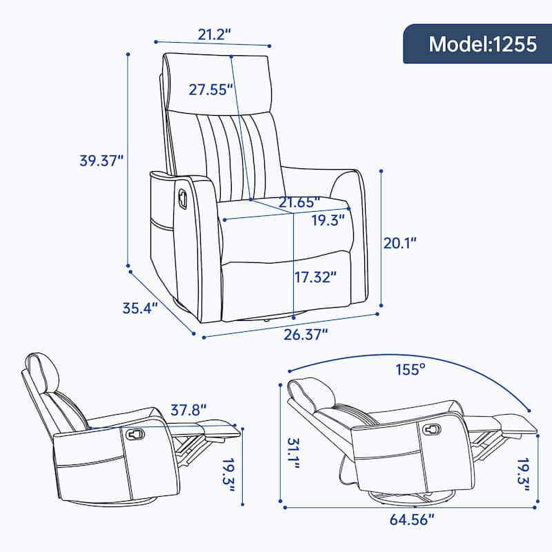 Faux Leather Heat Massage Manual Recliner Chair with Rocker and Swivel for Living Room