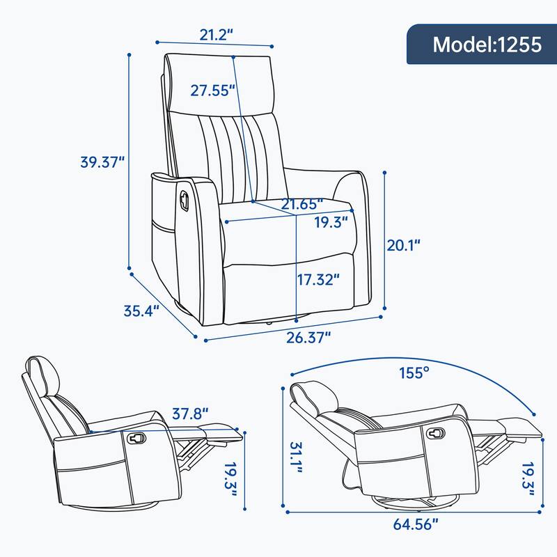 Heat Massage Manual Recliner Chair with Rocker and Swivel in Fabric for Living Room