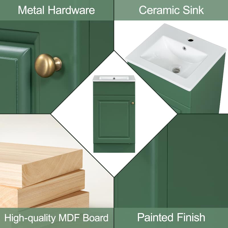 Compact 18 Inch Bathroom Vanity with Ceramic Sink, Painted MDF Cabinet, Storage Shelf, Soft Close Door