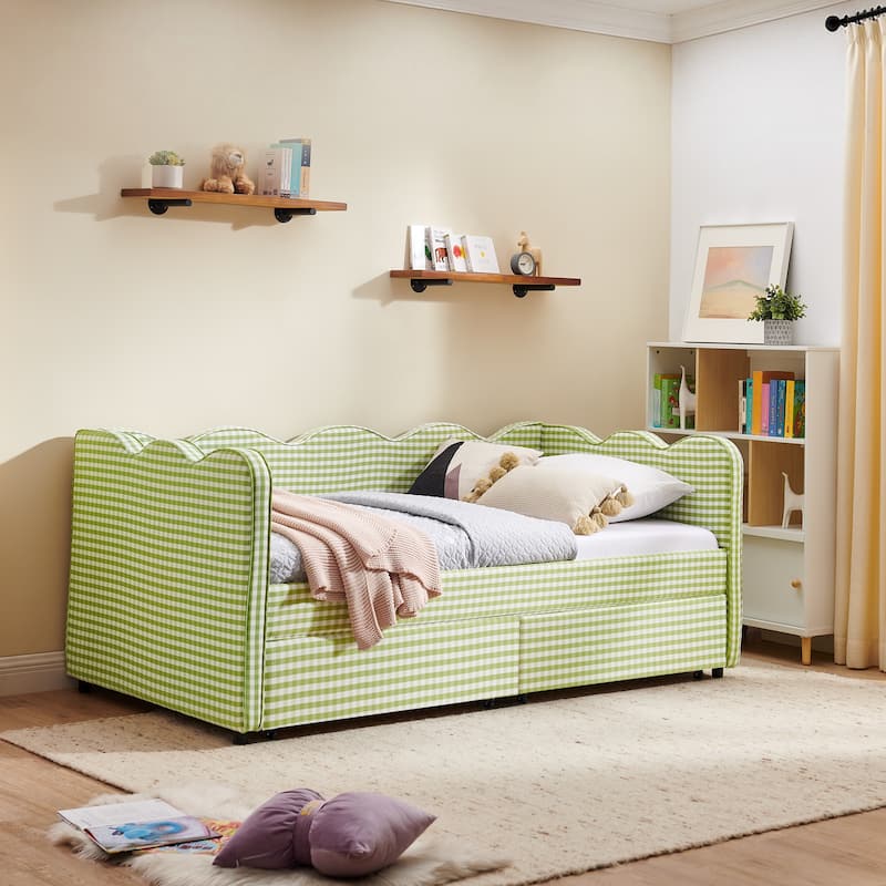 Twin Size Gingham Linen Upholstered Daybed with 2 Storage Drawers, USB Charging Station & Waved Arms