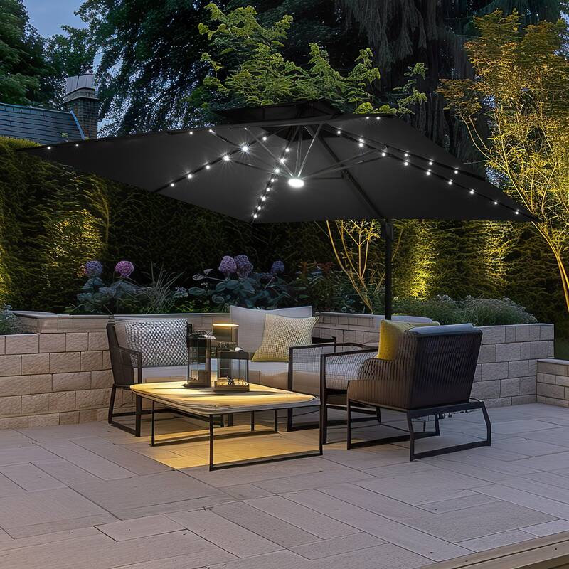 11 FT Outdoor Solar Powered LED Patio Cantilever Umbrella Double Top Square Umbrella