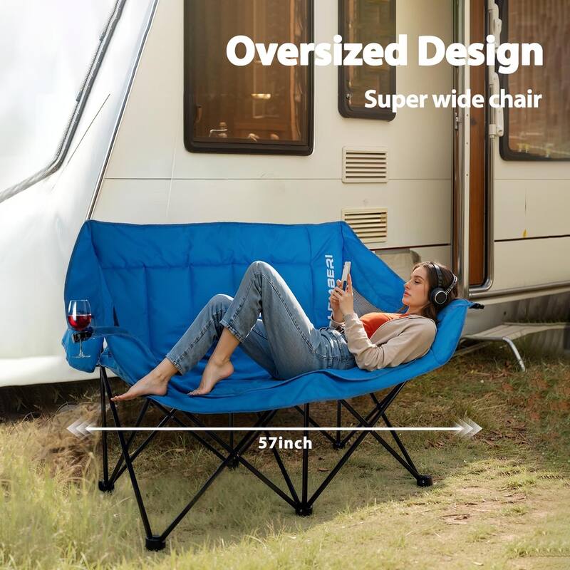BOSSIN Double Outdoor Camping Chair - Heavy-Duty 650lb XL Folding Loveseat with Cup Holders, Back Storage & Carry Strap