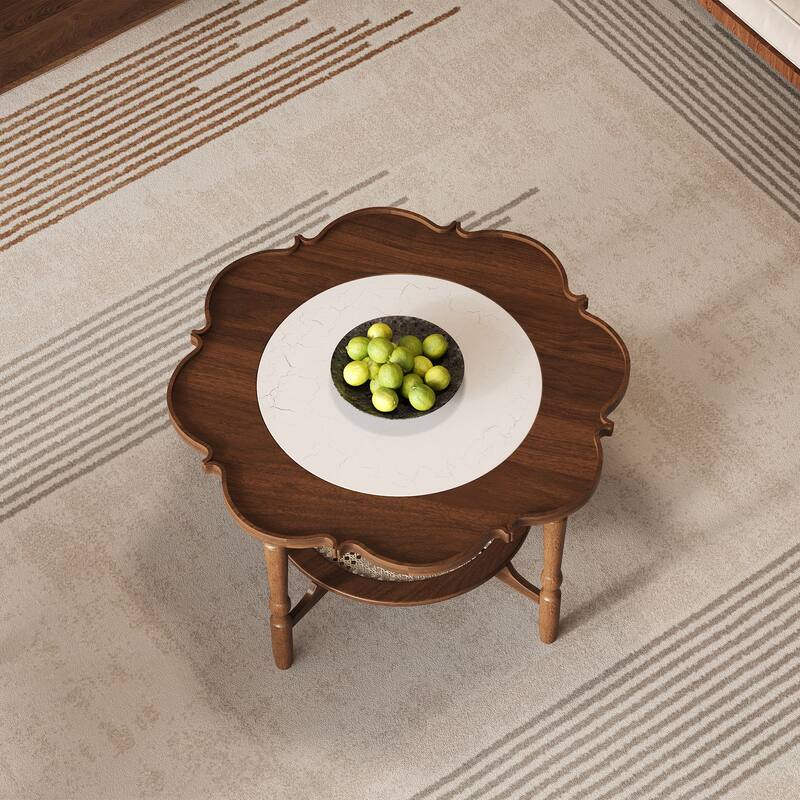 Roomfitters Mid-Century Coffee Table, Petal Shape Accent Table with Rattan Shelf and White Glass Top, Walnut