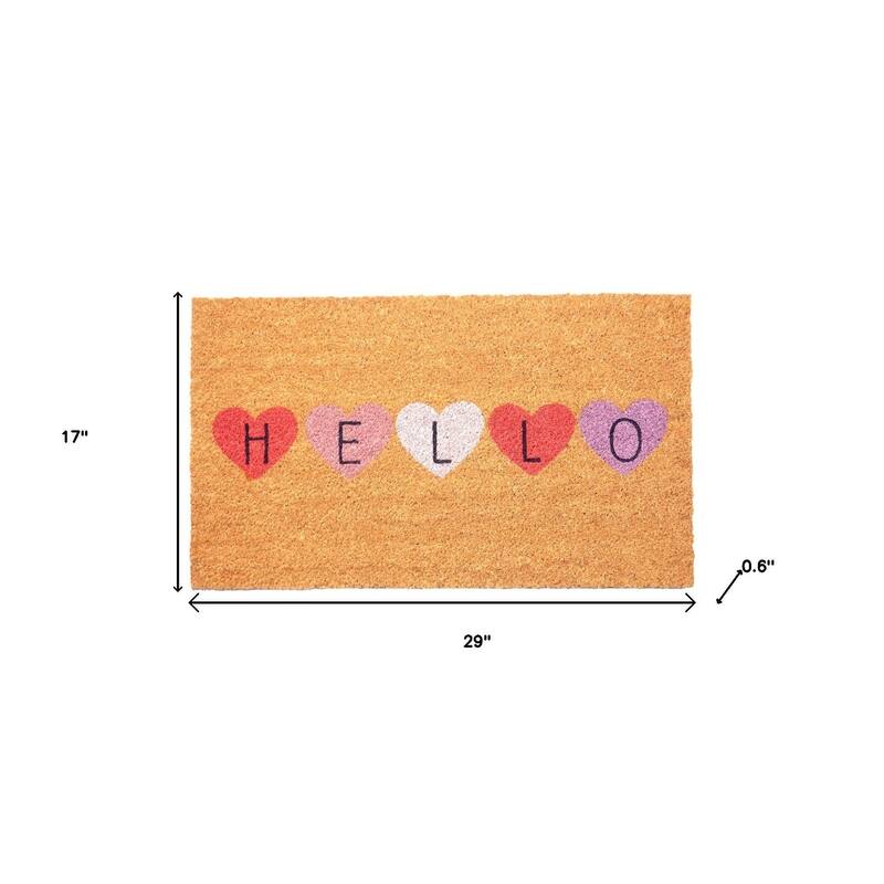 HomeRoots 17" X 29" Brown Pink Purple Hearts Hello Outdoor Coir Door Mat - 17.00' X '29.00