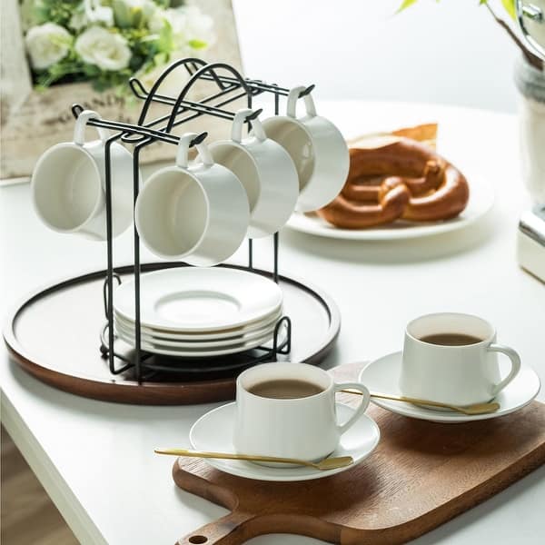 Coffee Espresso Cups with Saucers Set with Cup Holder 4 oz, Set of 6 - Bed  Bath & Beyond - 40115842