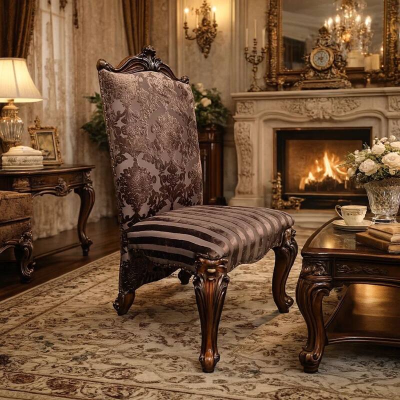 Faux Leather Upholstered Wooden Side Chair with Scrolled Carvings, Brown, Set of 2