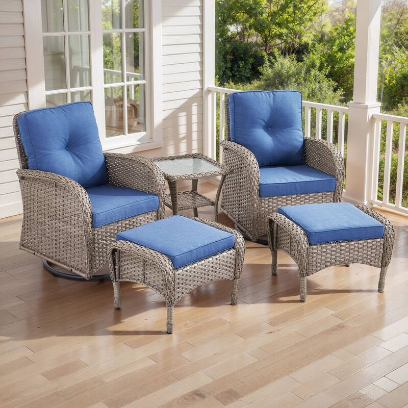 Gymojoy Premium Wicker Patio Furniture Set - Ultimate Comfort & Weather-Resistant Design - Grey Wicker / Blue Cusion - Swivel Chair