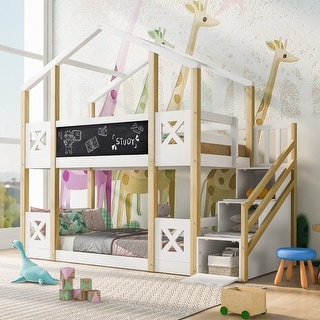 Twin over Twin House Bunk Bed with Staircase and Blackboards, White