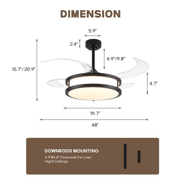 dimension image slide 1 of 2, 48" Modern Retractable Dimmable LED Chandelier Ceiling Fan with Lights and Remote