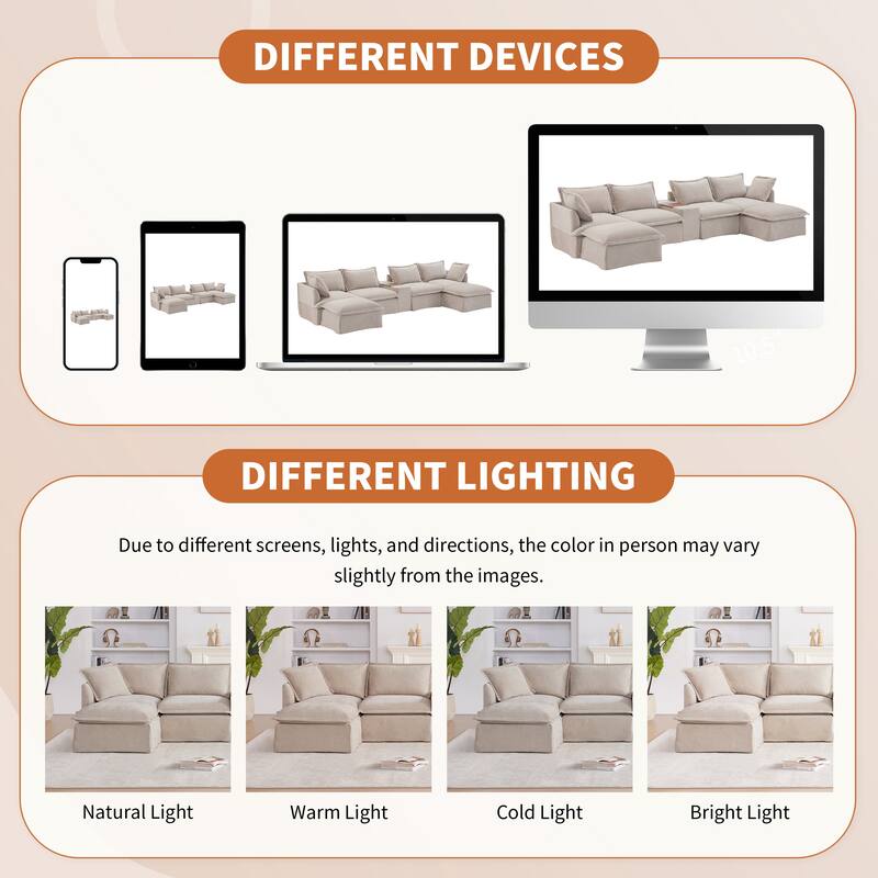 131" & 142" U-Shaped Modular Sectional Sofa - 6-Seat Chenille Couch with Ottoman, USB Charger, Cup Holder, Wide Seat, 2 Sizes