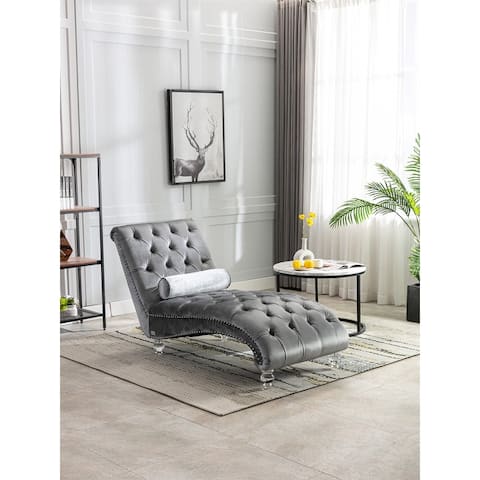 Leisure Concubine Sofa with Acrylic Feet, Traditional Chaise Velvet Barrel Sofa with Lumbar Support Pillow for Living Room