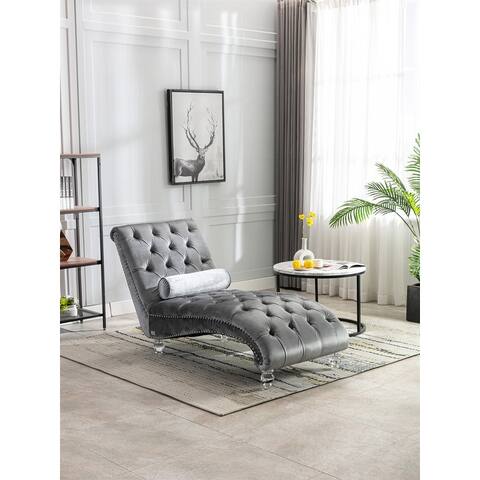 Velvet Button Tufted Chaise Lounge Chair Indoor Leisure Sofa Couch w/Bolster Pillow, Nailhead Trim & Turned Legs for Living Room