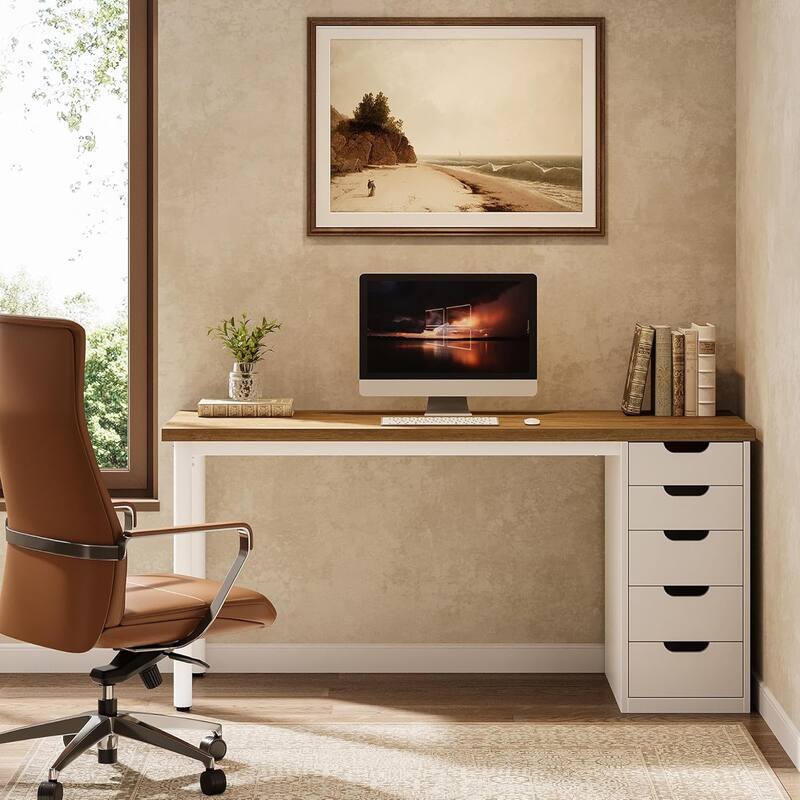 Modern Computer Desk with 5 Reversible Drawers, Storage Home Office Desk, PC/Laptop Desk, Study Writing Table Workstation