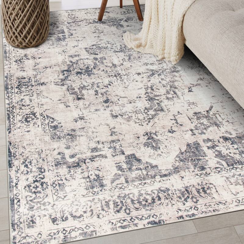 World Rug Gallery Transitional Distressed Medallion Washable Non Slip Area Rug - 3'x5'