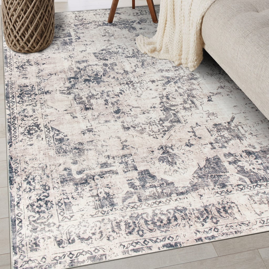World Rug Gallery Transitional Distressed Medallion Washable Non-Slip Area Rug Perfect for Living Room, Entryway, or Bedroom