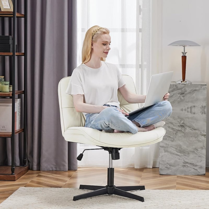 Criss Cross Legged Chair No Wheels Armless Wide Seat Adjustable Height Swivel Thick Padded PU Leather Comfortable Home Office
