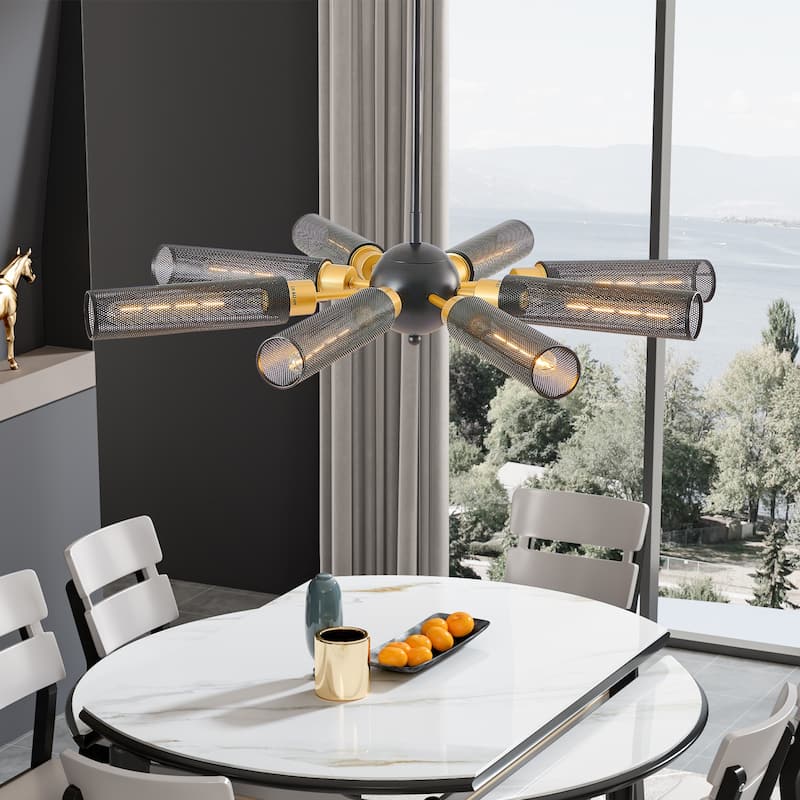 34" Modern Industrial Chandelier,Pendant Light with Mesh Shades, Base, Adjustable Height for Dining Room, Living Room