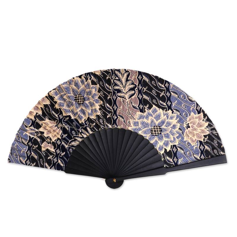 Handmade Silk Batik 'Blue Poppies' Fan (Indonesia) - Solid