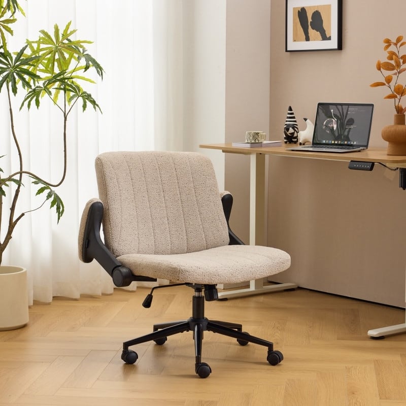 Speckled Chenille Swivel Chair With Flip-Up Arms For Cross-Legged