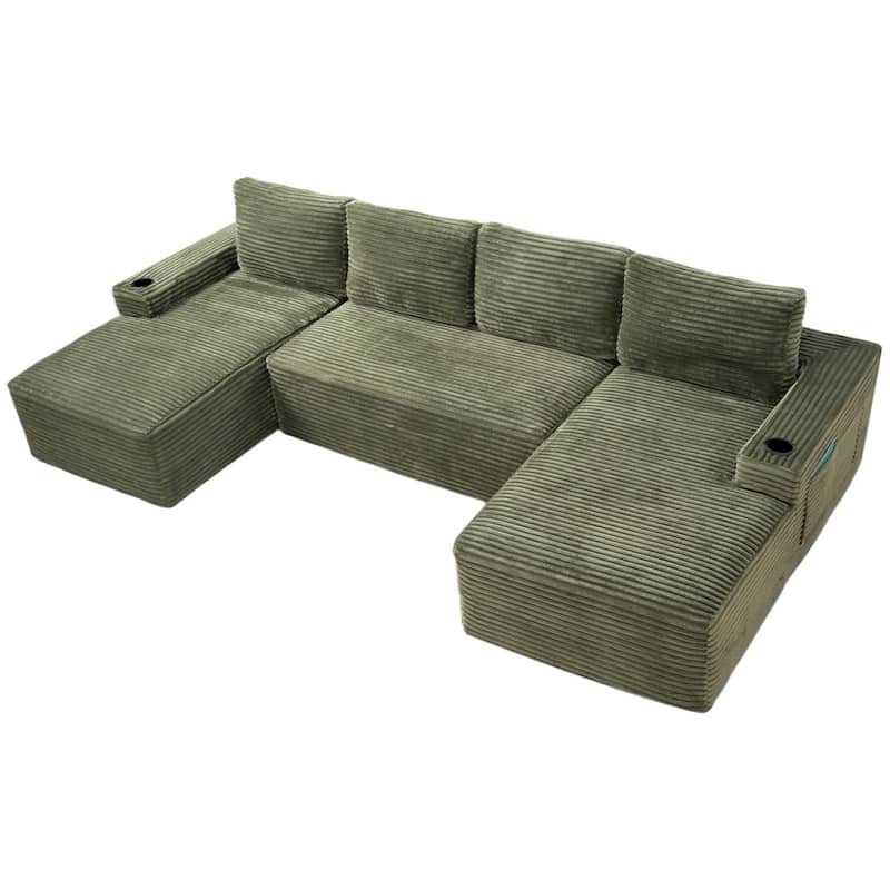 133.4" U-Shaped Corduroy Sectional Sofa with Cup Holders, No Assembly Required
