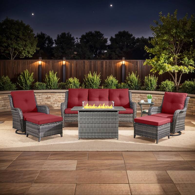 Fire Pit Table with Patio Glider Chairs Sofa Chairs Table - Grey - Red