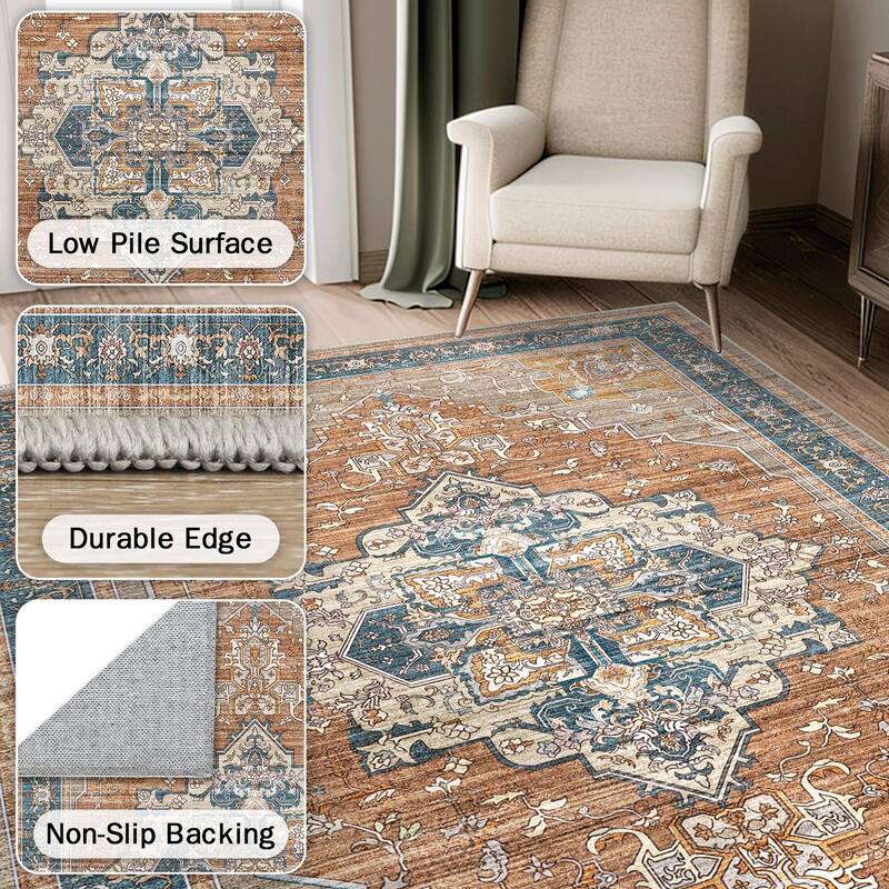 Mcow Floral Dark Gray Low-Pile Machine-Washable Non-Slip Area Rug