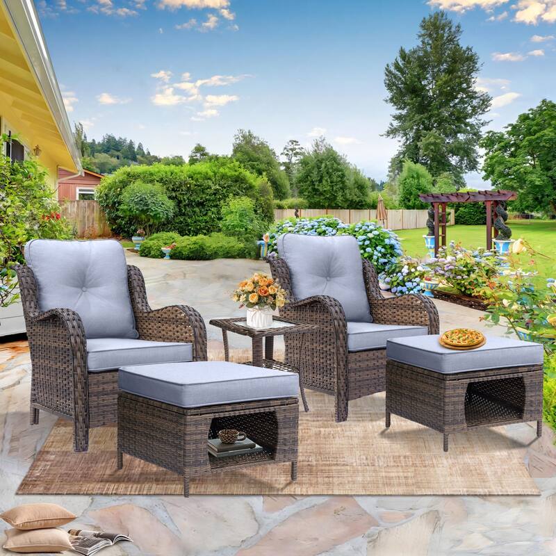 5-piece Outdoor Patio Wicker Conversation Sets With Storage Ottomans