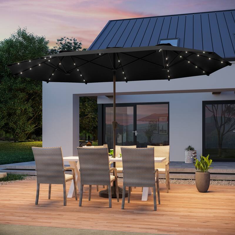 BONOSUKI 13 x 7.2ft Solar-Powered LED Double-Sided Patio Umbrella with Large Canopy Outdoor Table Umbrella for Garden, Navy Blue - Black