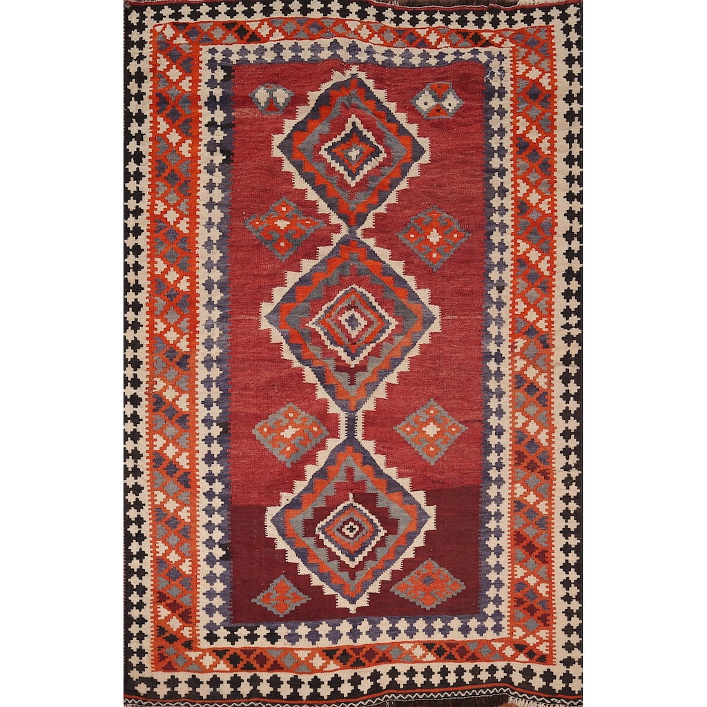 Geometric Kilim Qashqai Persian Area Rug Flatweave Wool Carpet - 5'1"x 7'3"
