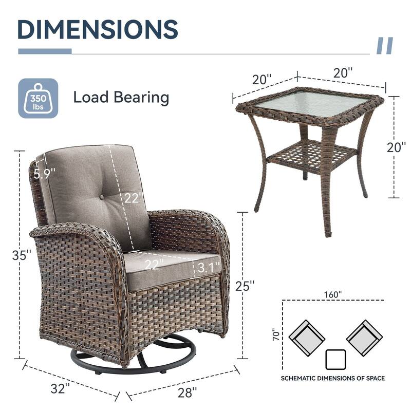 Gymojoy Swivel Patio Chair & Table 3 Piece Outdoor Furniture Set