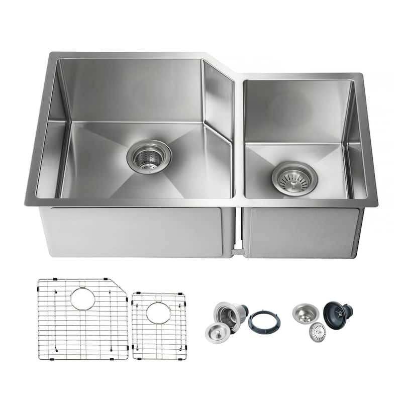 33 inch Handcrafted Undermount Double Bowl 16 gauge Stainless Steel Small Radius Kitchen Sink with Strainers and Grids - 33 Inch - 33 Inch