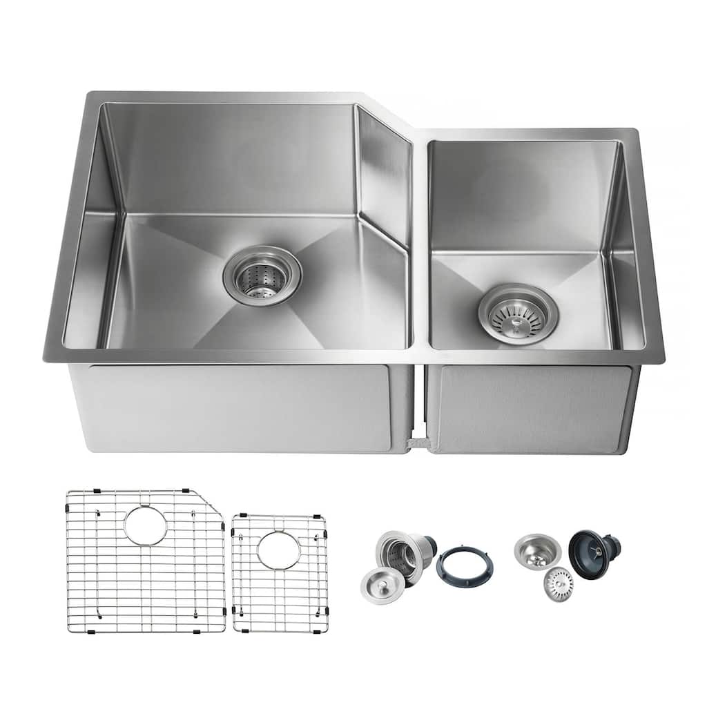 33 inch Handcrafted Undermount Double Bowl 16 gauge Stainless Steel Small Radius Kitchen Sink with Strainers and Grids - 33 Inch