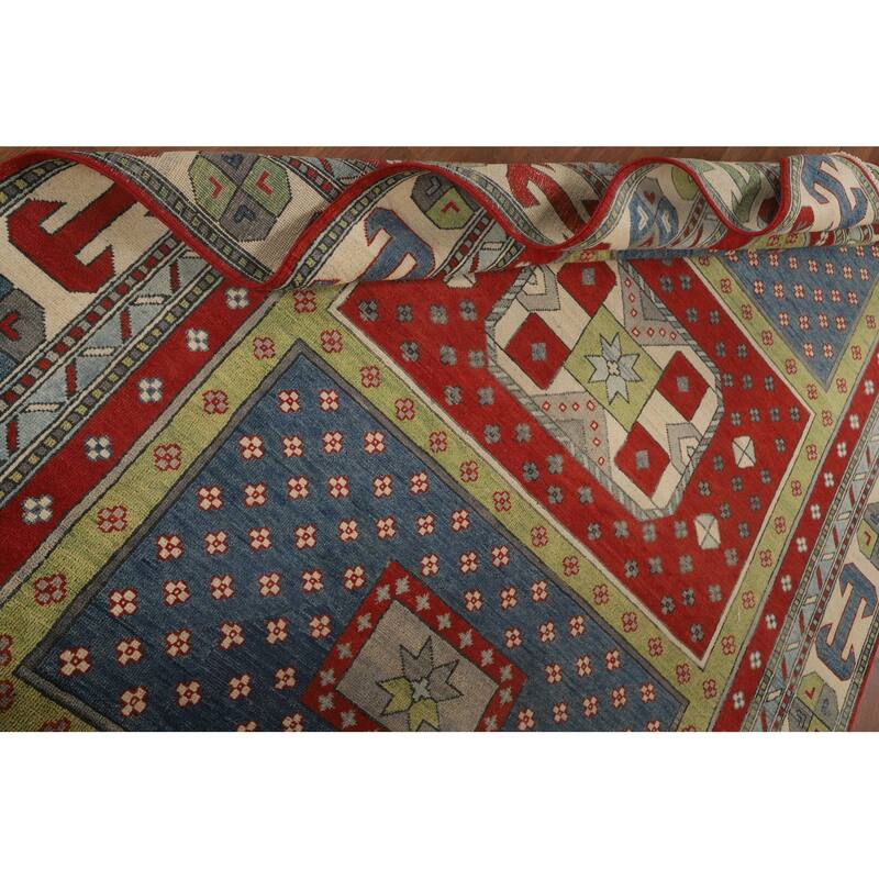 Geometric Kazak Area Rug Hand-Knotted Multi-Color Wool Carpet - 5'11" x 9'2"