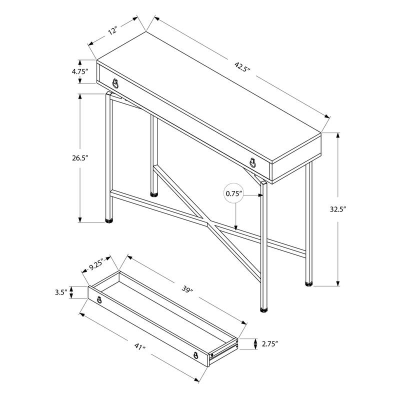 43 Inch Modern Console Table Wood Veneer Top with Drawer and Black Steel Base for Entry Hall - 42.5”L x 12”W x 32.5”H