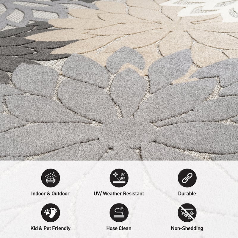 World Rug Gallery Indoor/Outdoor High-Low Textured Area Rug, Floral Easy-Clean Patio Rug