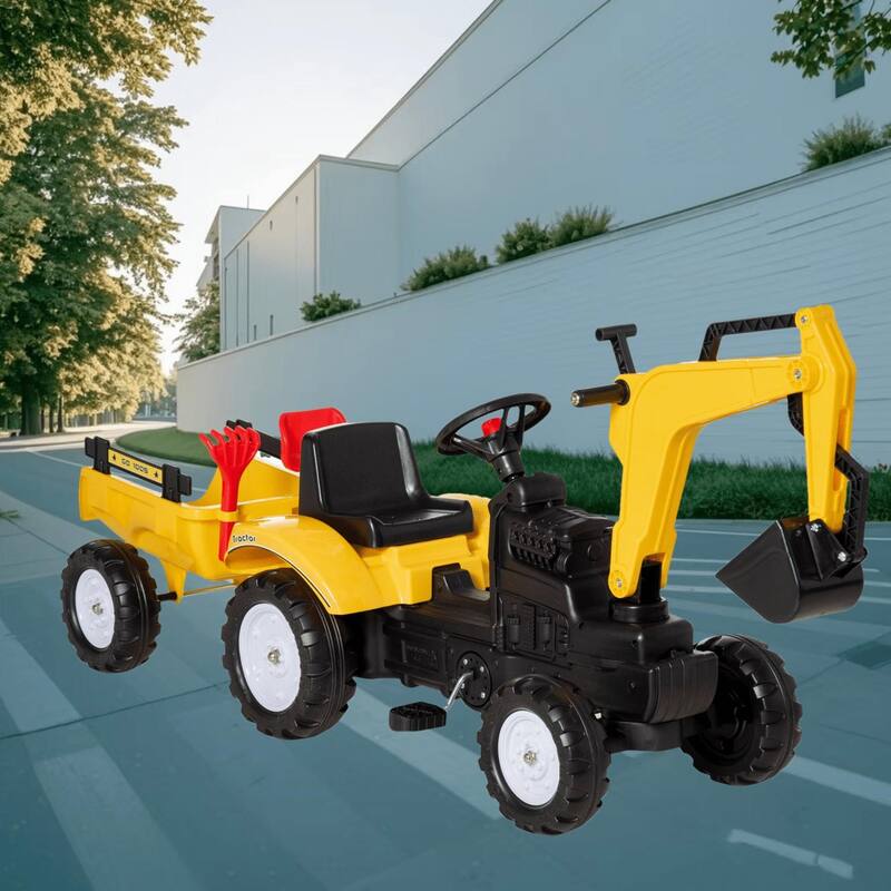 Kids Digger Ride-On Truck with Horn, Flexible Arms and Detachable Trailer, Pedal Excavator Toy for Ages 3-6, Construction Car - Yellow