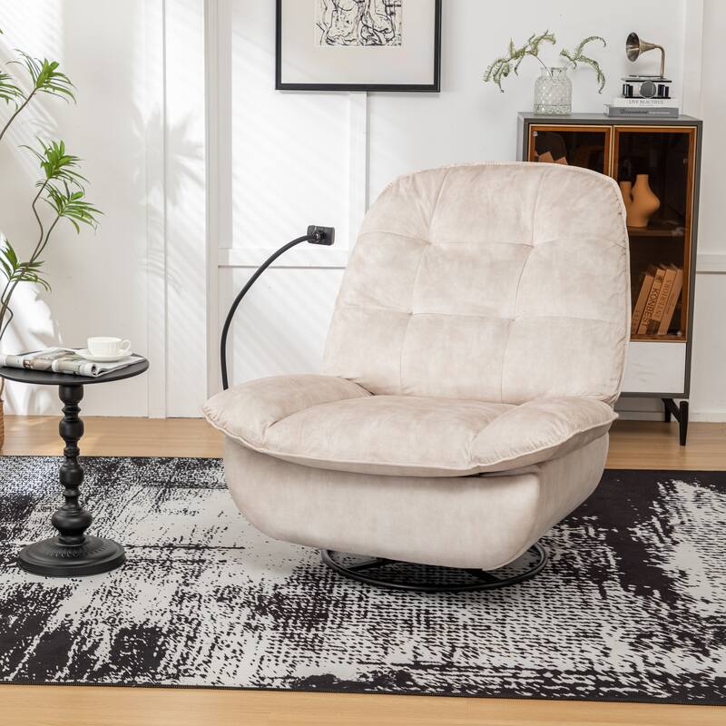 Anmytek Ivory Swivel Glider Recliner Gold Stamped Velvet Reading Chair with Phone Holder