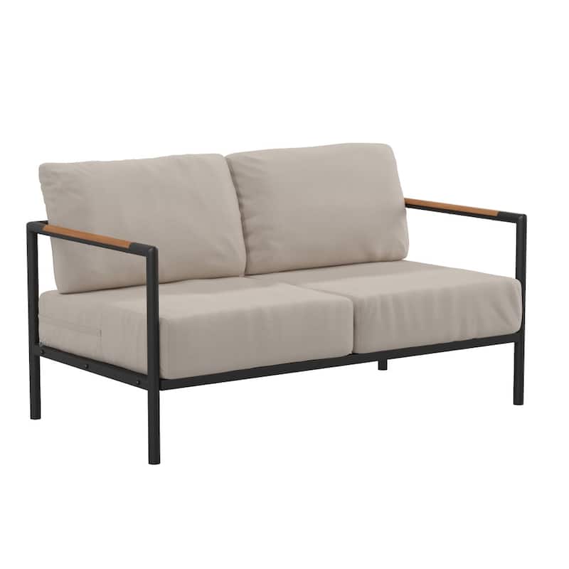 Aluminum Frame Loveseat with Teak Arm Accents and Plush Cushions - 56"W x 29.25"D x 24.5"H - Beige