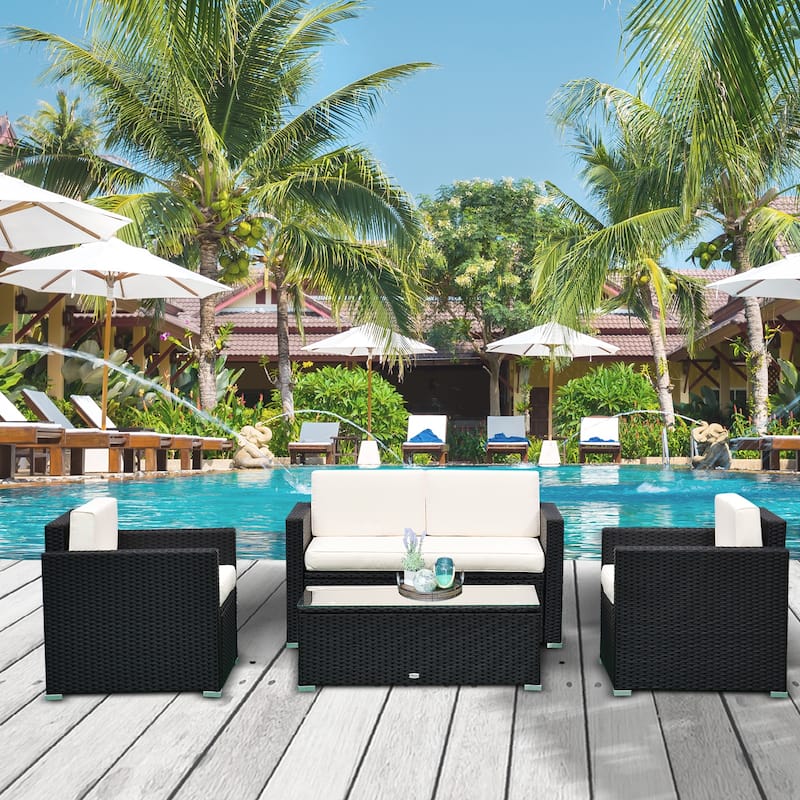 Outsunny 4-Piece Patio Furniture Set with Back Support, Thickly Cushioned PE Rattan Patio Furniture Set - Black