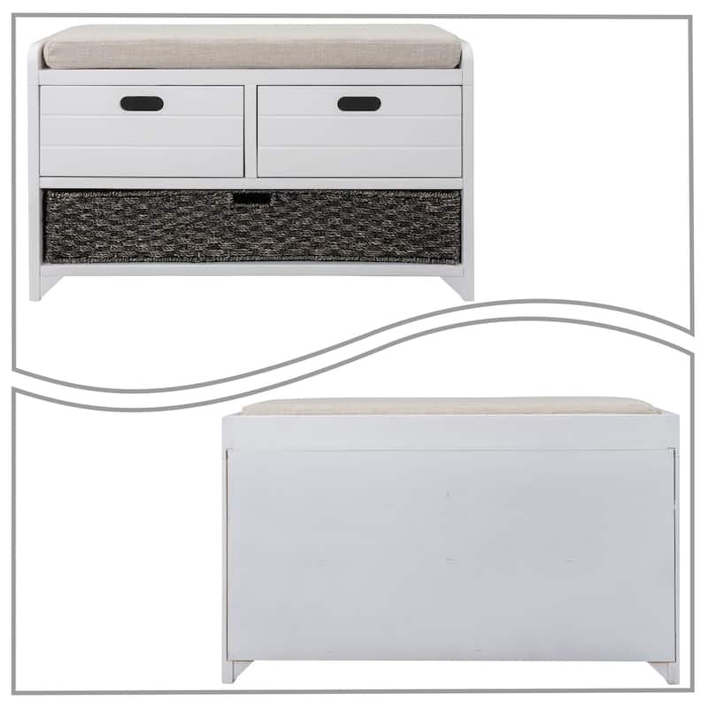 Modern Farmhouse Style Wooden Bench with 2 Drawers and a Woven Storage Basket