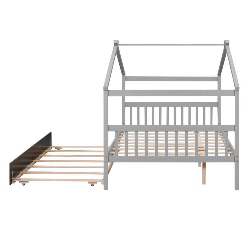 Full Size Wooden House Bed with Twin Size Trundle
