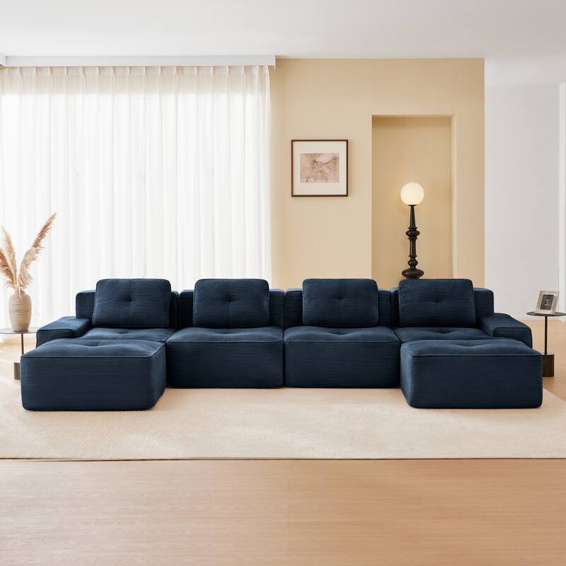 Roomfitters No Assembly Modular Sofa, 117 Inch Corduroy 3-Seater with Piping, Blue