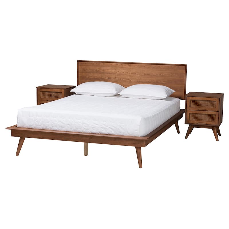 Melora Mid-Century Modern Walnut Brown Finished Wood and Rattan 3-Piece/4-Piece/5-Piece Bedroom Set (Multiple Bed Sizes) - Queen - 3 Piece