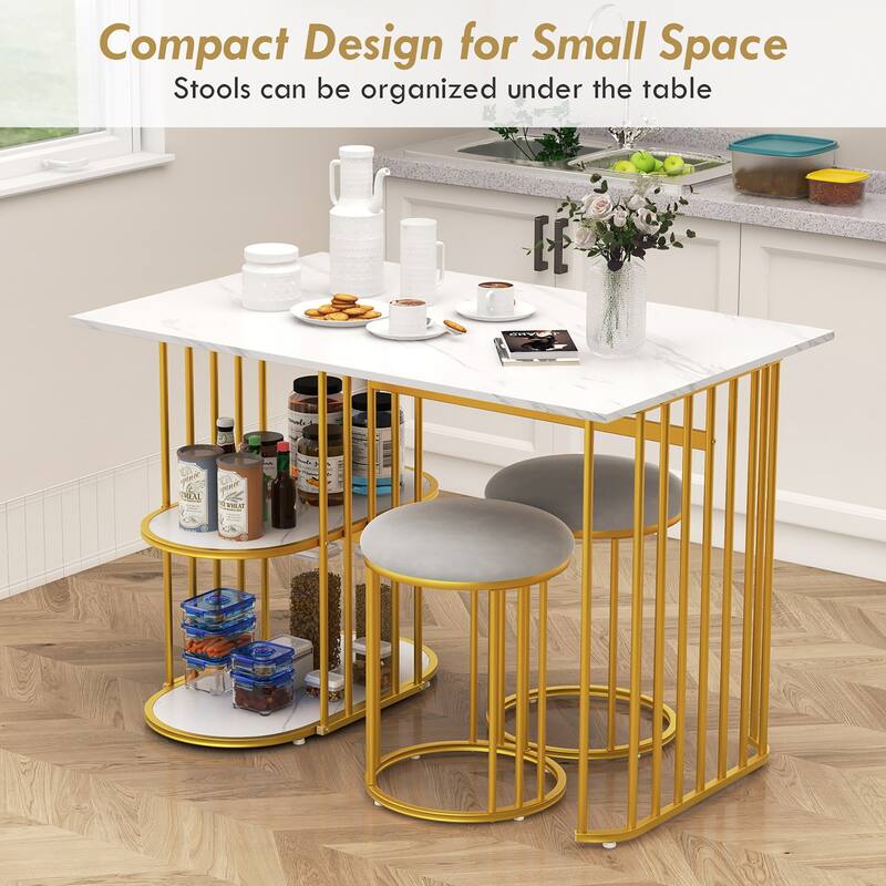Gymax 3 Piece Dining Table Set w/ 2 Stools 2-tier Storage Shelf